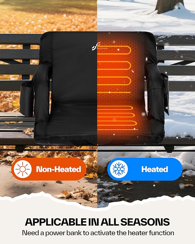 Sportneer Heated Stadium Seats with Back Support: 6 Adjustable Angles Extra Wide Bleacher Seat with Dual Heating Zones - 2.5" Padded Stadium Seats for Sports Outdoors, 2 Pack