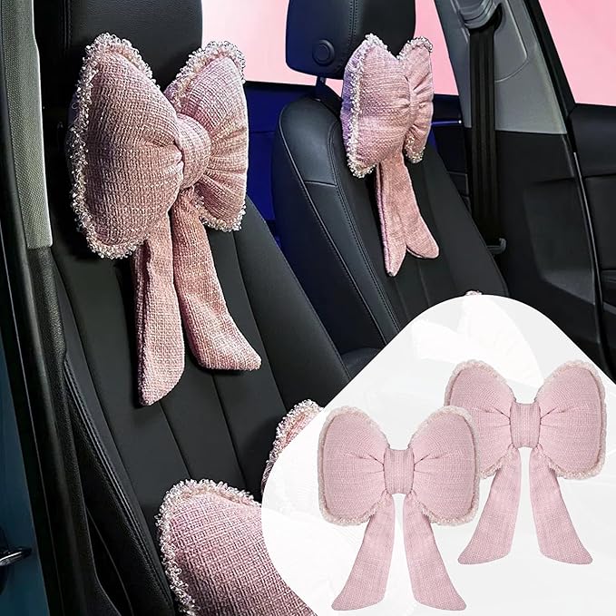 2-Pack Cute Bow Car Headrest Pillow Unique French-Inspired Bouclé Fabric Neck Support Cushion for Women Fits Most Cars (Pink)