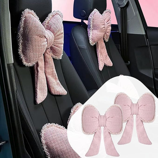 2-Pack Cute Bow Car Headrest Pillow Unique French-Inspired Bouclé Fabric Neck Support Cushion for Women Fits Most Cars (Pink)