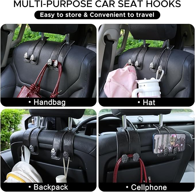 4 PCS Leather Car Seat Hooks for Headrest, Vehicle Hanger Storage Organizer Universal for Handbag Purse, Car Accessories Gift (Black-Black-4 PCS)