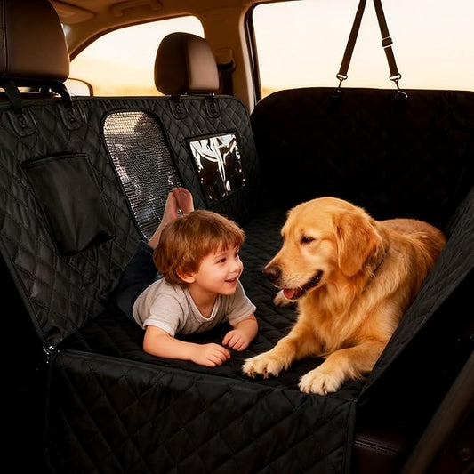 Dog Car Seat Cover for Back Seat, Hard Bottom Car Seat Cover for Dogs Hold 400lbs, Sturdy 600D Heavy Duty Scratch-Proof Waterproof Dog Hammock for Car, SUV, Truck (Black)