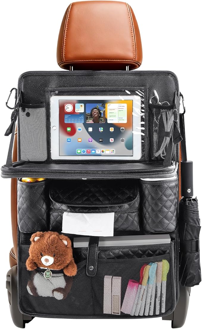 Car Seat Organizer with Foldable Table Tray - 11 Storage Pockets PU Leather Backseat Organizer with Tablet Holder, Seat Back Protector Kick Mat for Kids Family Road Trip Accessories (Black)