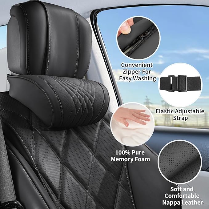 Car Neck Pillow for Driving Memory Foam Headrest Nappa Leather Head Rest for Most Cars SUV Home Office Traveling