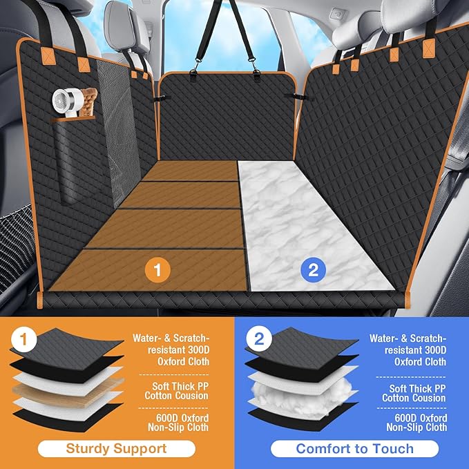 Dog Car Seat Cover for Back Seat, Hard Bottom Holds 420lbs Dog Hammock for Cars SUVs Trucks, Easy to Clean, Waterproof Scratch-Proof Nonslip Backseat Extender for Dogs