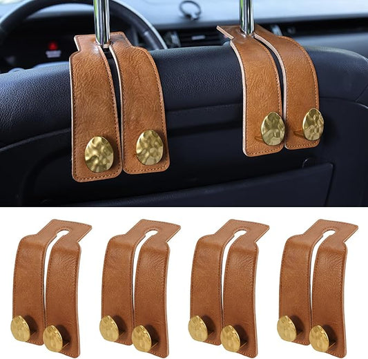 4 PCS Leather Car Seat Hooks for Headrest, Vehicle Hanger Storage Organizer Universal for Handbag Purse, Car Accessories Gift (Brown-Gold-4 PCS)
