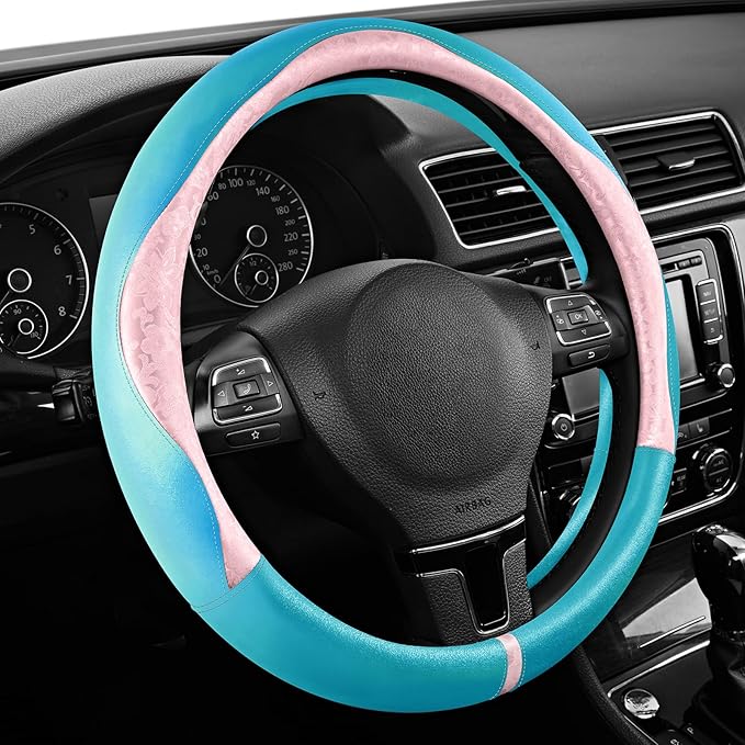PIC AUTO Steering Wheel Cover, Pink Patterned & Blue Leather Patchwork Design, Universal Fit 14.5"–15.5", Anti-Slip, Odor-Free, Soft PU Grain Leather, Durable Grip Car Accessory for Girls & Women