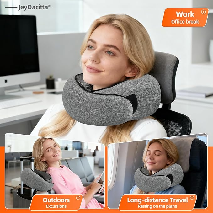 Premium Travel Pillow, Upgraded Memory Foam Neck Pillow, 360° Ergonomic Design Airplane Pillow Travel Pillows for Airplanes, Cars, Offices, Home Use, Large (Dark Gray)