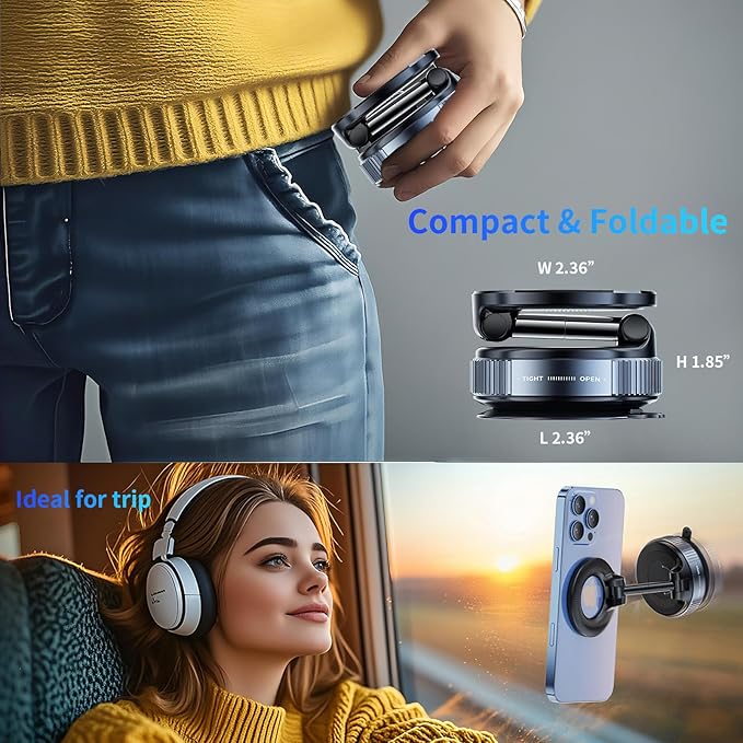 360° Adjustable Vacuum Magnetic Phone Holder [ 96+LBS Suction & 2800gf Magnetic ], Foldable Suction Cup Magnetic Phone Mount for Car, Car Phone Holder for iPhone 17/16/15/14/13/12 Series