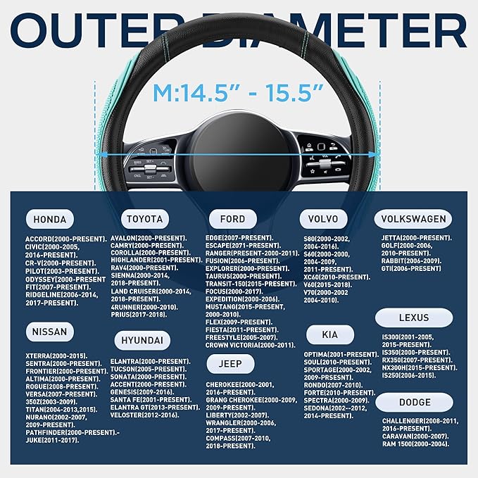 Road Comforts Car Steering Wheel Cover - Microfiber Leather Steering Wheel Wrap Sports 14.5-15 Inch Steering Wheel Cover Non-Slip for Men Women Mint Color