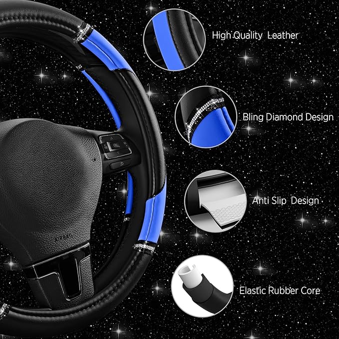 Road Comforts Leather Steering Wheel Cover - Made with PVC Leather - Anti-Slip, Universal Fit 14 1/2 inches to 15 inches - Blue