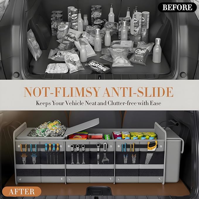 Large Trunk Organizer for SUV with Premium Portable Cooler Bag, Car Organizers and Storage with Foldable Cover, Collapsible Car Trunk Organizer for Truck, Adjustable Securing Straps, 90L+20L, Gray-C