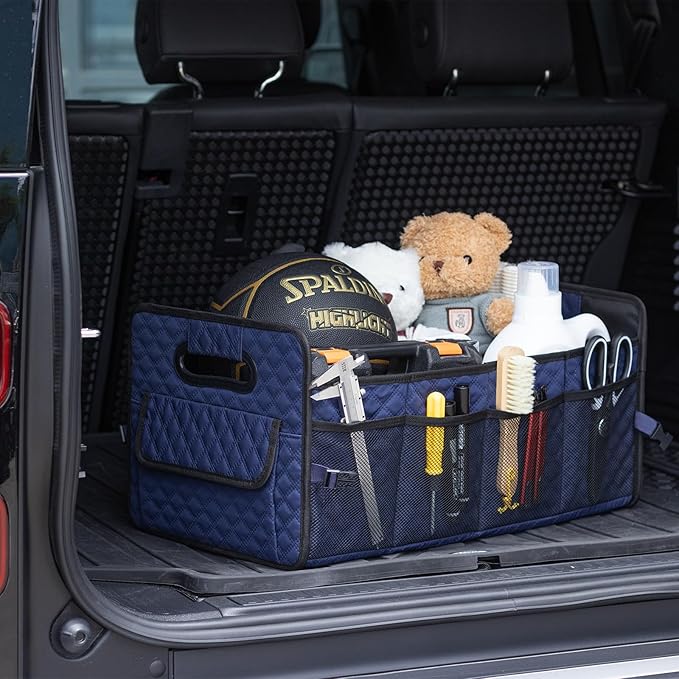 JiatuA Car Trunk Organizer for SUV, Car Storage Organizer Collapsible Multi Compartment Container Box, Adjustable Car Accessories for Women/Men, Dark Blue