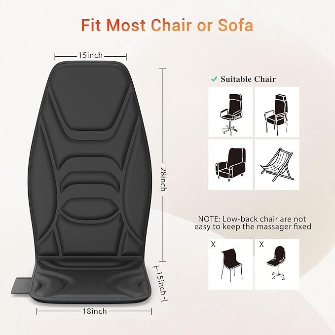 Back Massage Chair Pad with Heat, Back Massager for Back Pain Relief, Chair Massager with Vibration, Portable Massage Chair Pad for Office Use, Gifts for Dad & Mom