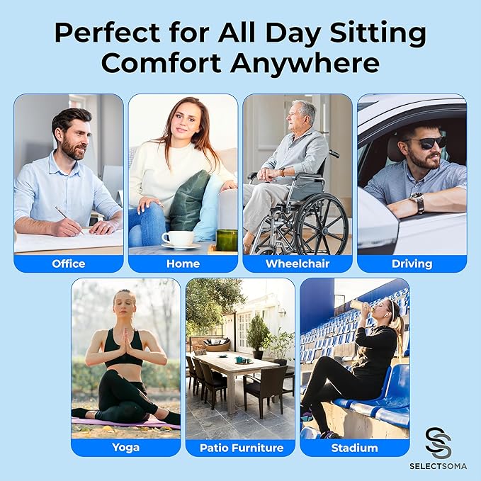 SelectSoma Travel Gel Seat Cushion for Long Sitting - Travel Pad for Car, Truck, Office Chair, Wheelchair - Cooling Gel Cushion for Sciatica, Tailbone, Back Pain, and Pressure Relief
