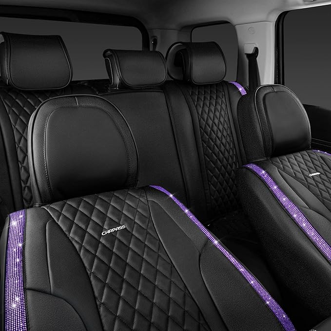 CAR PASS Bling Nappa Leather Car Seat Cover for Full Set Universal Luxury Waterproof Heavy-Duty Anti-Slip Cushioned Fit for SUV Sedan, Sparkly Glitter Shining Diamond Violet Crystal Purple Rhinestones