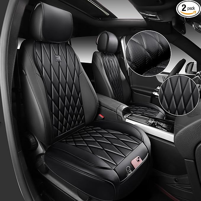 CAR PASS Luxury Napa Leather Front Car Seat Covers, Sideless Car Seat Protectors with Storage Pocket, Non-Slip Automotive Seat Cover for Cars Trucks SUV, Airbag Compatible, 2 Pack (Black)