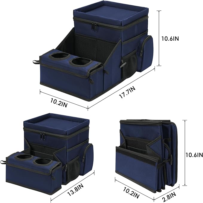 Car Seat Organizer, Backseat Car Organizer with Cup Holder Tray and Storages for Kids and Adults, Portable Travel Cooler for Car for Front or Back Seat Passenger Organizer Ccompartment (Navy Blue)