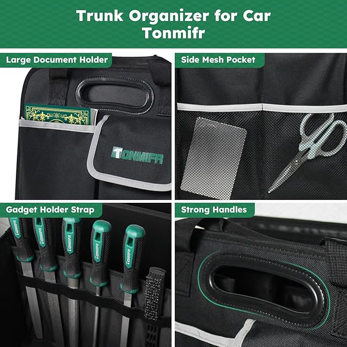 Heavy-Duty Trunk Organizer & Multi-Compartment Storage Box for SUV/Sedan/Minivan,600D Waterproof Oxford,2 Securing Hooks & Reflective Strips-Large Capacity Organiser(92L)