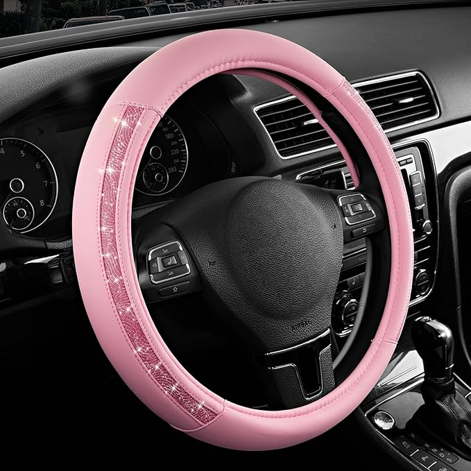 Road Comforts Steering Wheel Cover, Glitter Bling Leather Wheel Cover, Universal Fit 14.5"-15.5" Steering Wheels for Women & Girls, Anti-Slip Car Wheel Protector for Cars, Trucks, Vans, SUVs-HotPink