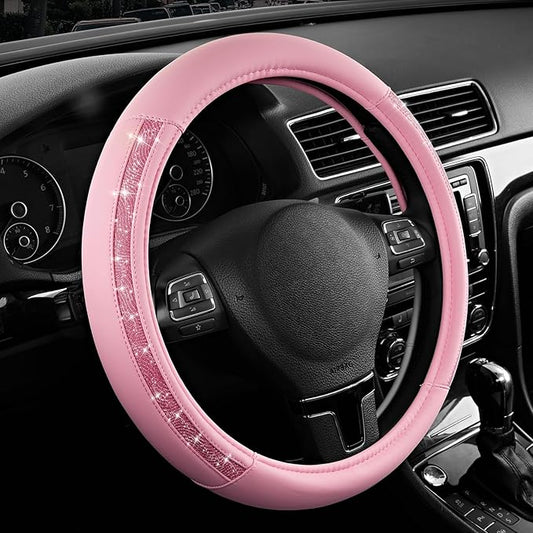 Road Comforts Steering Wheel Cover, Glitter Bling Leather Wheel Cover, Universal Fit 14.5"-15.5" Steering Wheels for Women & Girls, Anti-Slip Car Wheel Protector for Cars, Trucks, Vans, SUVs-HotPink