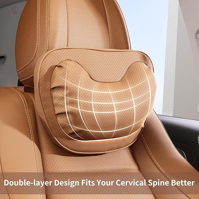 Car Neck Pillow [No More Pressure] Soft Comfortable Premium Leather Headrest with Adjustable Strap – Ergonomic Support for Driving, Office & Gaming, Palomino Brown, 1 Pack