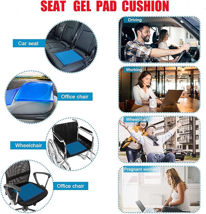 Motorcycle Seat Gel Pad Car Driver Seat Cushion Shock Absorption Mats Reduce Fatigue Comfortable Soft Cooling Fabric Cushion DIY Seat Pad Office Chair Seat Cushion (30 x 25 x 1.2cm)