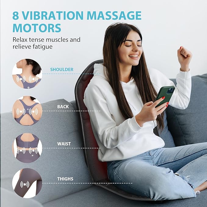 Back Massager Chair Pad, Back Massager with Heat, 5 Vibration Modes & 2 Heat Levels Massage Seat Cushion, Electric Massage Pad for Back Pain Relief, Christmas Gifts for Dad, Men, Mom, Women