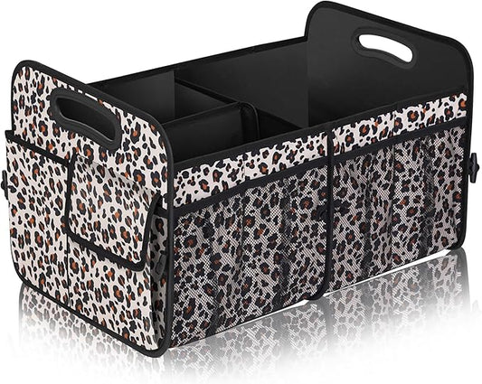 Femuar Car Trunk Organizer, Large Capacity Collapsible Trunk Storage with 11 Pockets, Waterproof, Non-Slip, Suitable for Car, SUV, Truck, Van, Jeep, Sedan, Leopard Print