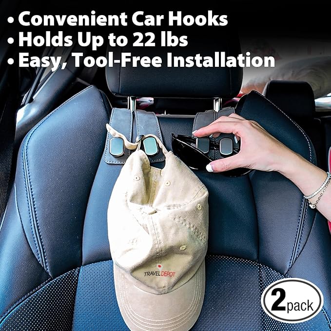 Car Seat Hooks 2 Pack, Leather Headrest Hooks for Car with Double-Hook Design, Durable Headrest Hook Bag Holder Purse Hanger, Organizer for Seat Back in SUV, Truck, Vehicle, Grey