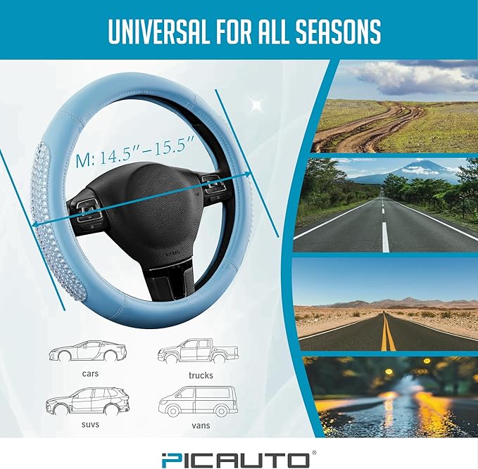 PIC AUTO Steering Wheel Cover, Glitter Gel Particles & Blue Luxury Leather Car Steering Cover, Universal Fit 14.5"-15.5" Anti-Slip Car Wheels Cover for Girls & Women