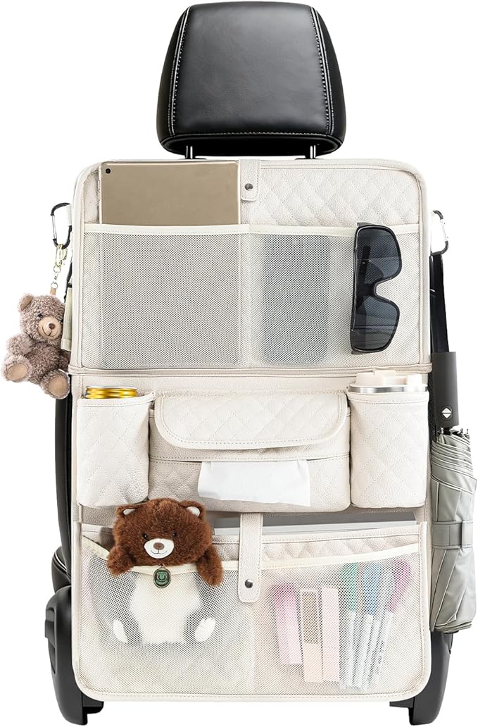Car Backseat Organizer with Foldable Table Tray - 11 Storage Pockets PU Leather Back Seat Organizer with Tablet Holder, Seat Back Protector for Kids Family Road Trip Travel Accessories (Beige)