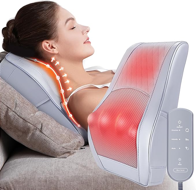 Boriwat Neck and Shoulder Massager with Heat, Shiatsu Massage Pillow with 3D Deep Tissue Kneading for Back Legs Foot Body Pain Relief,at Home Office Car, Gift for Mom & Dad