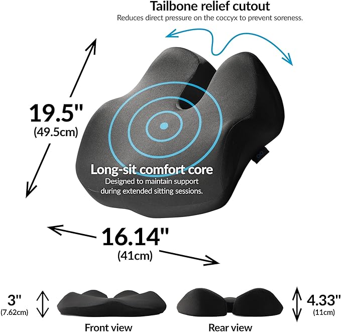 Everlasting Comfort Doctor Recommended Memory Foam Seat Cushion for Office Chairs & Car - Ergonomic Office Desk Accessories - Cushions for Tailbone Pain Relief,Sciatica (Premium Charcoal Black, Large)