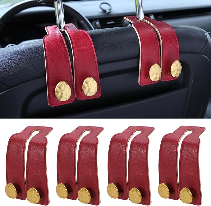 4 PCS Leather Car Seat Hooks for Headrest, Vehicle Hanger Storage Organizer Universal for Handbag Purse, Car Accessories Gift (Red-Gold-4 PCS)