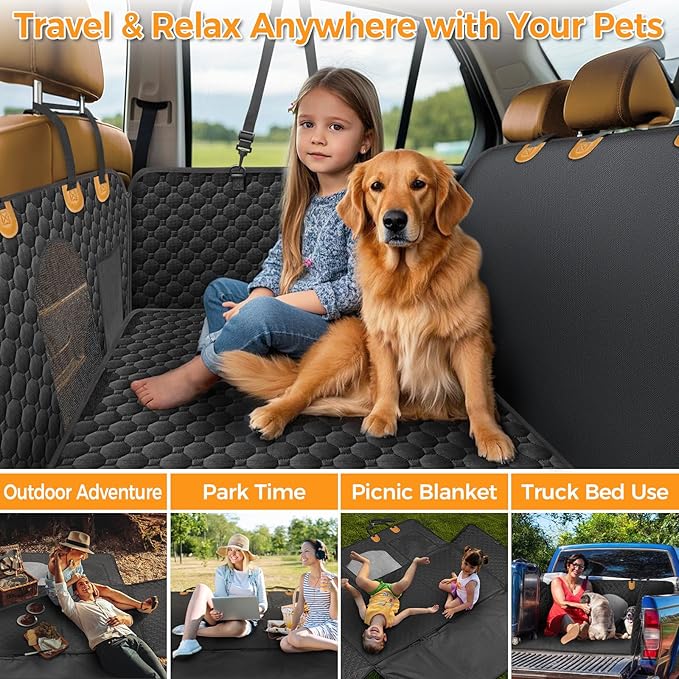 Mancro Hard Bottom Car Seat Cover for Dogs, Durable Back Seat Extender with Washable Pad, Waterproof Scratch-Resistant Car Hammock Seat Protector for Dogs, Supports 400 lbs, Fits Cars, SUVs & Trucks