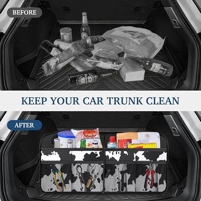 Femuar Car Trunk Organizer, Cow Print, Vintage Style, 52L Capacity, 4 Compartments, Waterproof, Non-Slip, Collapsible, 22.5"D x 18"W x 10.8"H