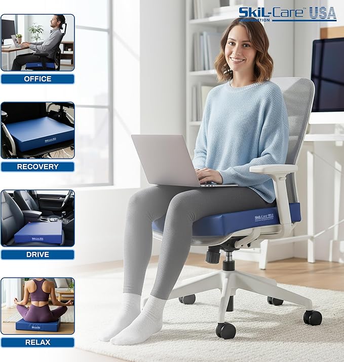 Skil-Care Premium Gel-Foam Cushion, 18" W x 16" D x 3" H, Dual-Layer Foam with Gel Core for Pressure Relief, 4-Way Stretch Low Shear Cover, Ideal for Wheelchairs and Chairs, 751384