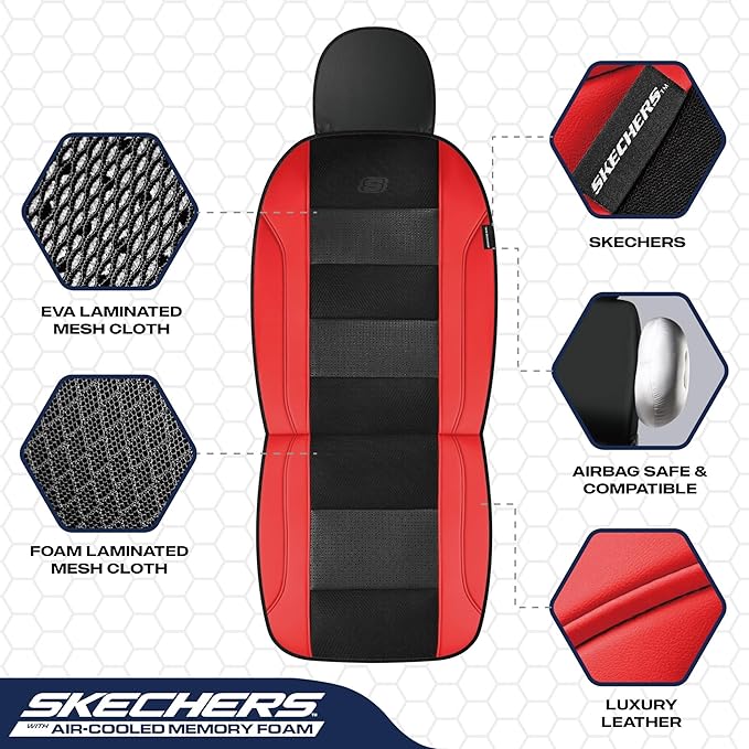Skechers Men’s Seat Covers, Air-Cooled Memory Foam Car Seat Covers Front Seats, Airbag Compatible,Universal Fit for Most Cars, SUVs, Vans and Trucks,Red