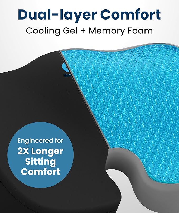 Everlasting Comfort Doctor Recommended Memory Foam Seat Cushion for Office Chairs & Car - Ergonomic Office Desk Accessories - Cushions for Tailbone Pain Relief, Sciatica (Black Cooling, Large)