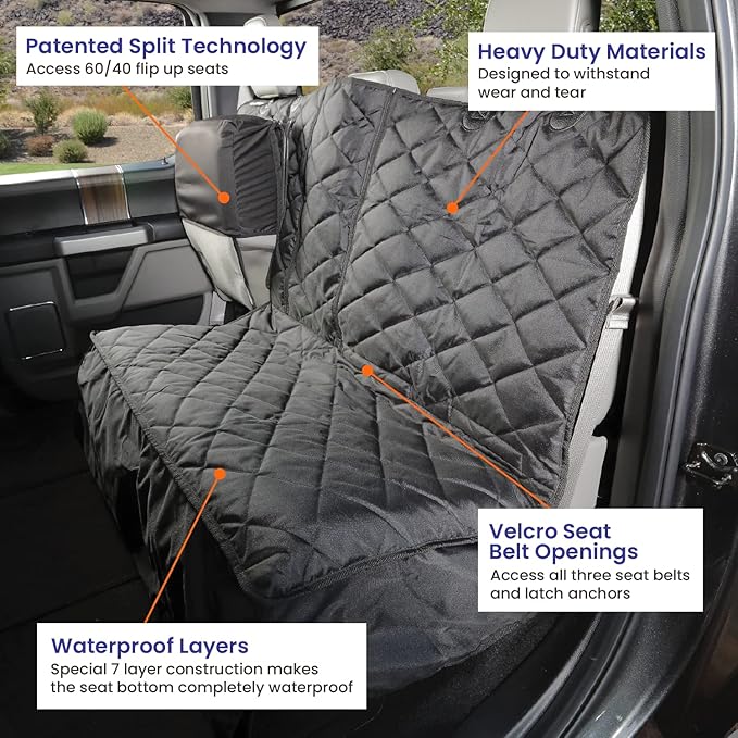 4Knines Bench Seat Covers for Trucks with Dog Hammock - Rear Seat Protector for Dogs Fits Full Size Crew Cab with Split Bench Seats - Waterproof, Heavy-Duty Dog Seat Cover (Driver Side, Beige)