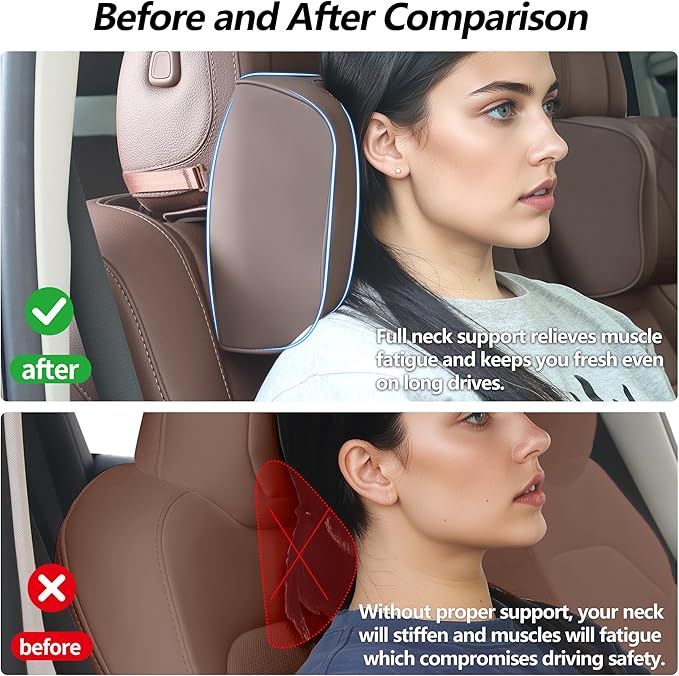 Car Headrest Pillow U-Shaped, Memory Foam Head Neck Support Cushion for Driving, Leather Head Rest Travel Pillows for Sleeping, Breathable Removable Cover, Brown, 1 Pack