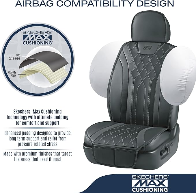 Skechers MAX Cushioning Car Seat Covers,Memory Foam Leather Car Seat Protectors, Airbag Safe Waterproof Sideless Front Seat Covers with Storage Pocket,Universal Fit for Cars Trucks SUV, Black 2PCS