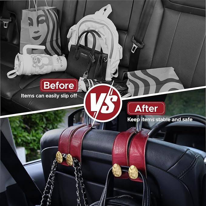 4 PCS Leather Car Seat Hooks for Headrest, Vehicle Hanger Storage Organizer Universal for Handbag Purse, Car Accessories Gift (Red-Gold-4 PCS)