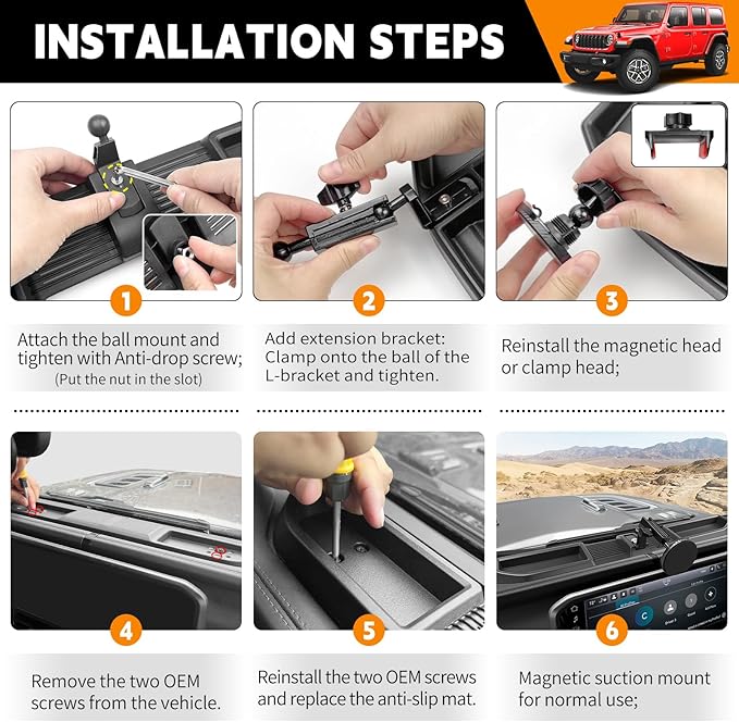 Dashboard Phone Holder Compatible with 2024-2025 Jeep Wrangler JL JLU&Gladiator JT Center Console Organizer Dashboard Phone Multi-Mount Kit for Wrangler 4X4 Accessories(JL/JT 4X4 2024-2025)