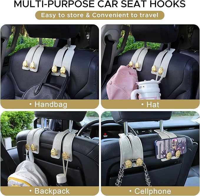 2PCS Leather Car Seat Hooks for Headrest, Vehicle Hanger Storage Organizer Universal for Handbag Purse, Car Accessories Gift (White-Gold)