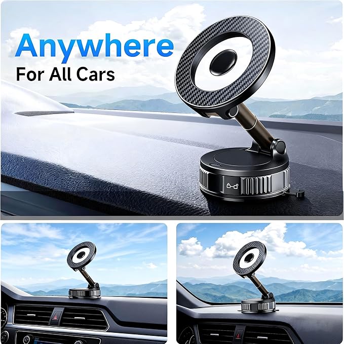 Magnetic Car Phone Holder for MagSafe, 120+ LB Suction Cup & 2800gf Magnetic Force, 360° Adjustable Mount for iPhone Pro Max/Plus & MagSafe-Compatible Android Phones (CHH12)