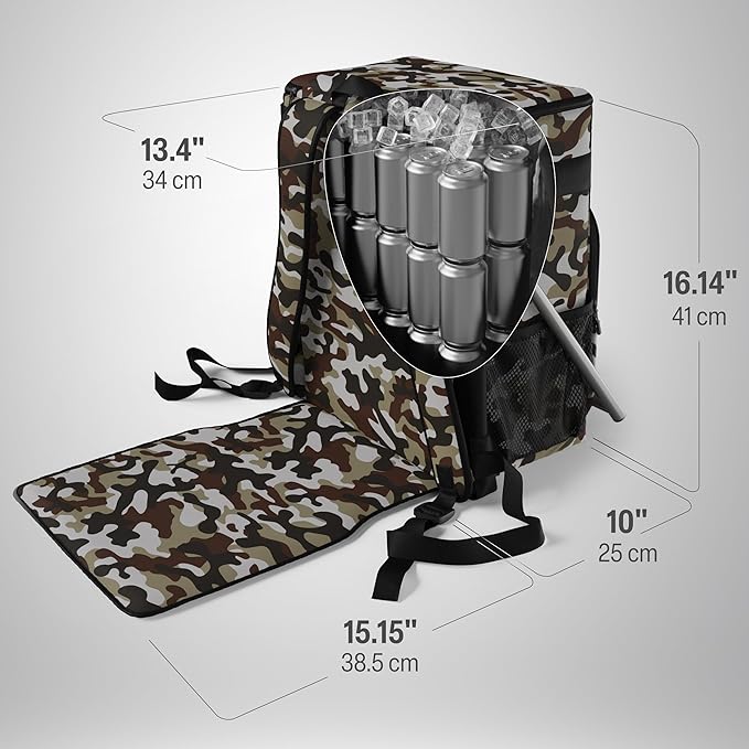 Insulated Backpack Cooler with Foldable Seat - 40 Cans, 24 Hour Cooling, Breathable Straps, Lightweight Leak Proof Liner, Portable Cooler Backpack Bag for Men Women Beach Travel Camping Picnic Hiking