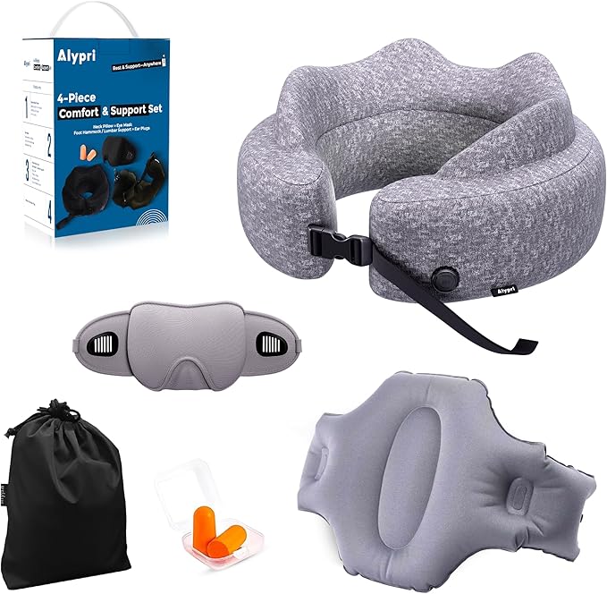 4-in-1 Travel Comfort Set – Inflatable Neck Pillow, Convertible Lumbar Support & Foot Hammock, 3D Sleep Mask & Ear Plugs – Complete Comfort Kit for Airplane, Office & Car – Gift-Ready (Gray)