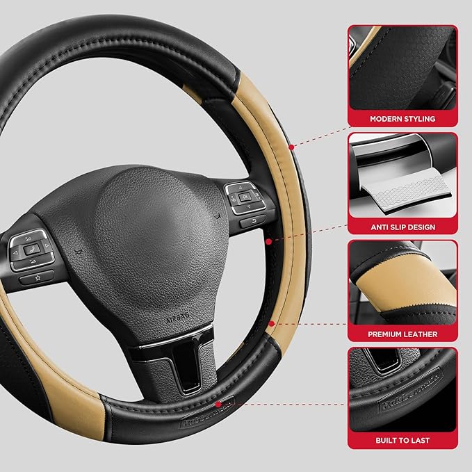 Rubbermaid Steering Wheel Cover – Universal Fit 14.5"–15" Steering Wheel Cover, Anti-Slip Grip, Breathable Leather, All-Season Protection, Interior Upgrade for Cars, Trucks, SUVs - Beige