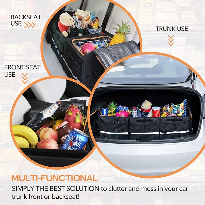 HEYTRIP Large Trunk Organizer With Built-in Leakproof Cooler Bag, 2 Tie-Down Straps, 4 Removable Dividers, Foldable Cover, Built with 2mm PE Board